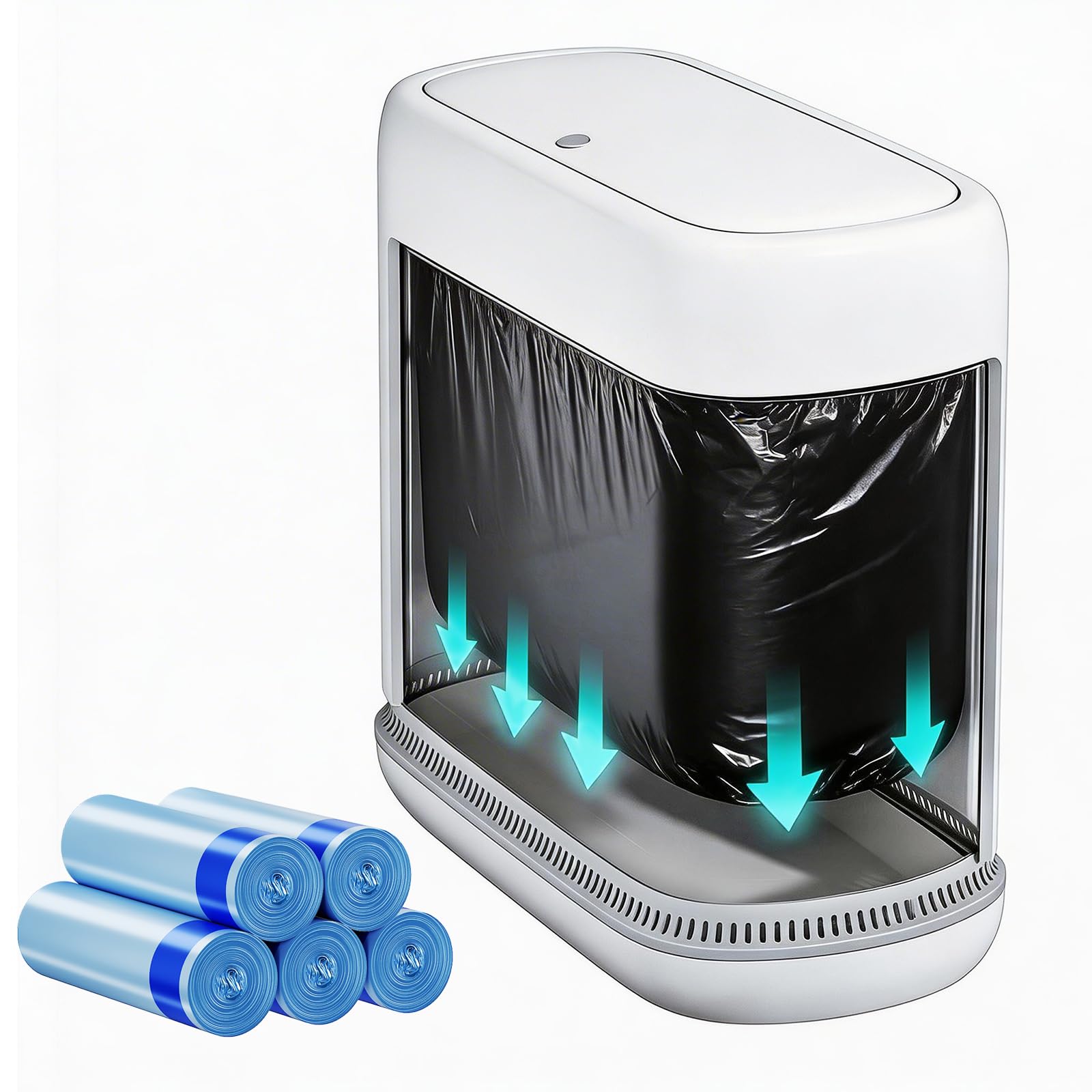 Purexa slim bathroom trash can with lid, top view, space-saving design for tight spaces.