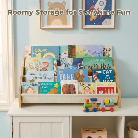 Puricon beige wooden bookrack blends with nursery decor.
