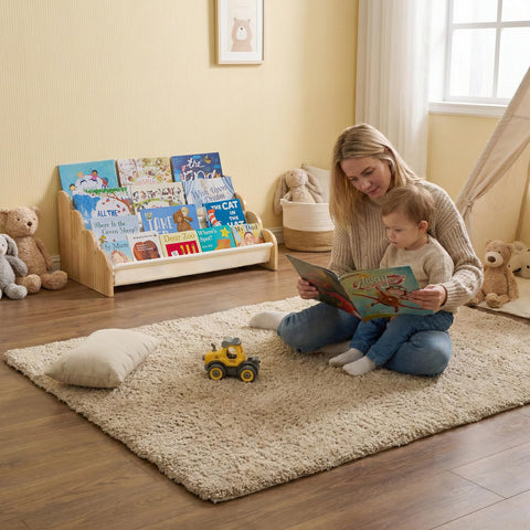 Puricon front-facing sling bookrack showcases titles for quick selection.