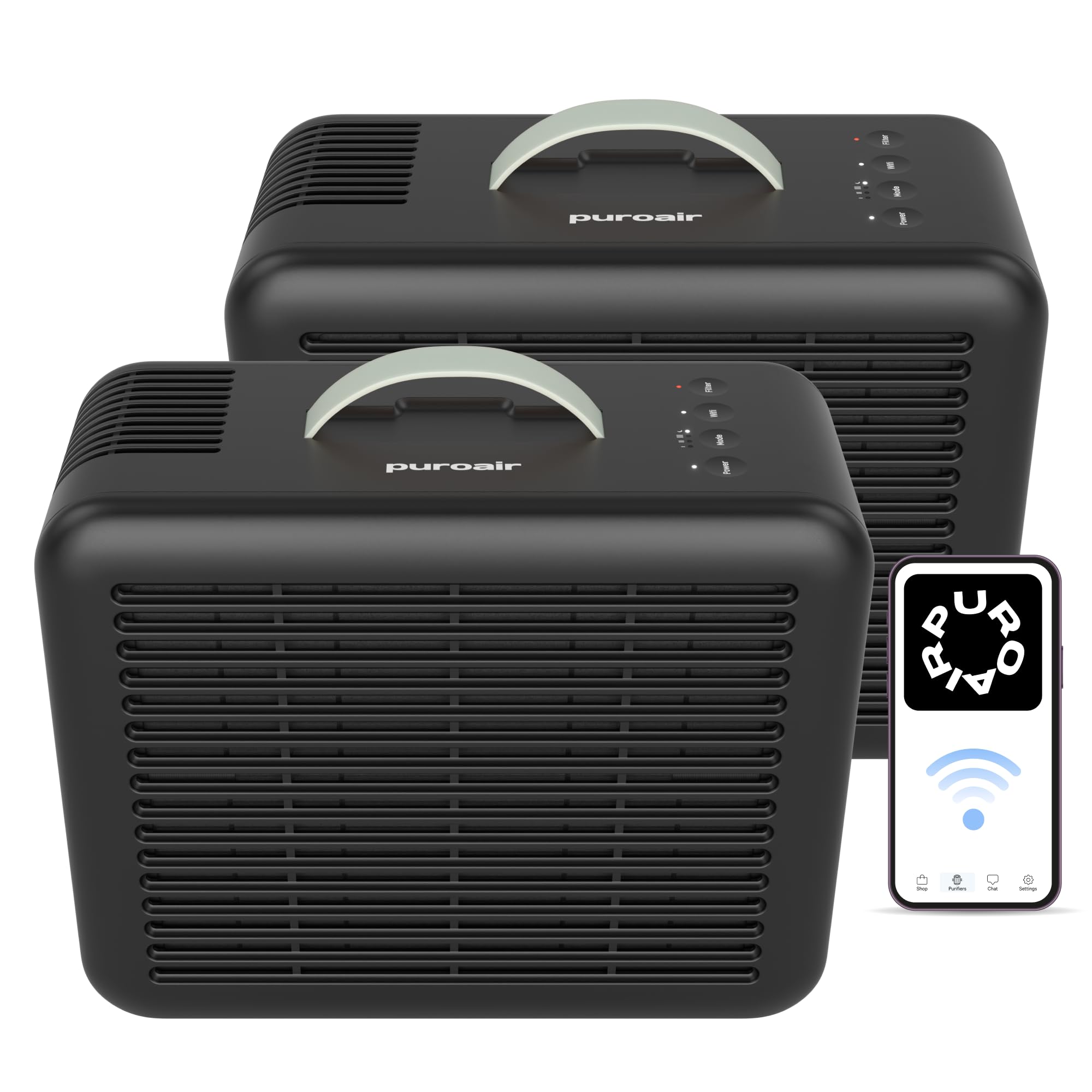 PuroAir 100i smart HEPA purifier removing pet hair and dander in a living room.