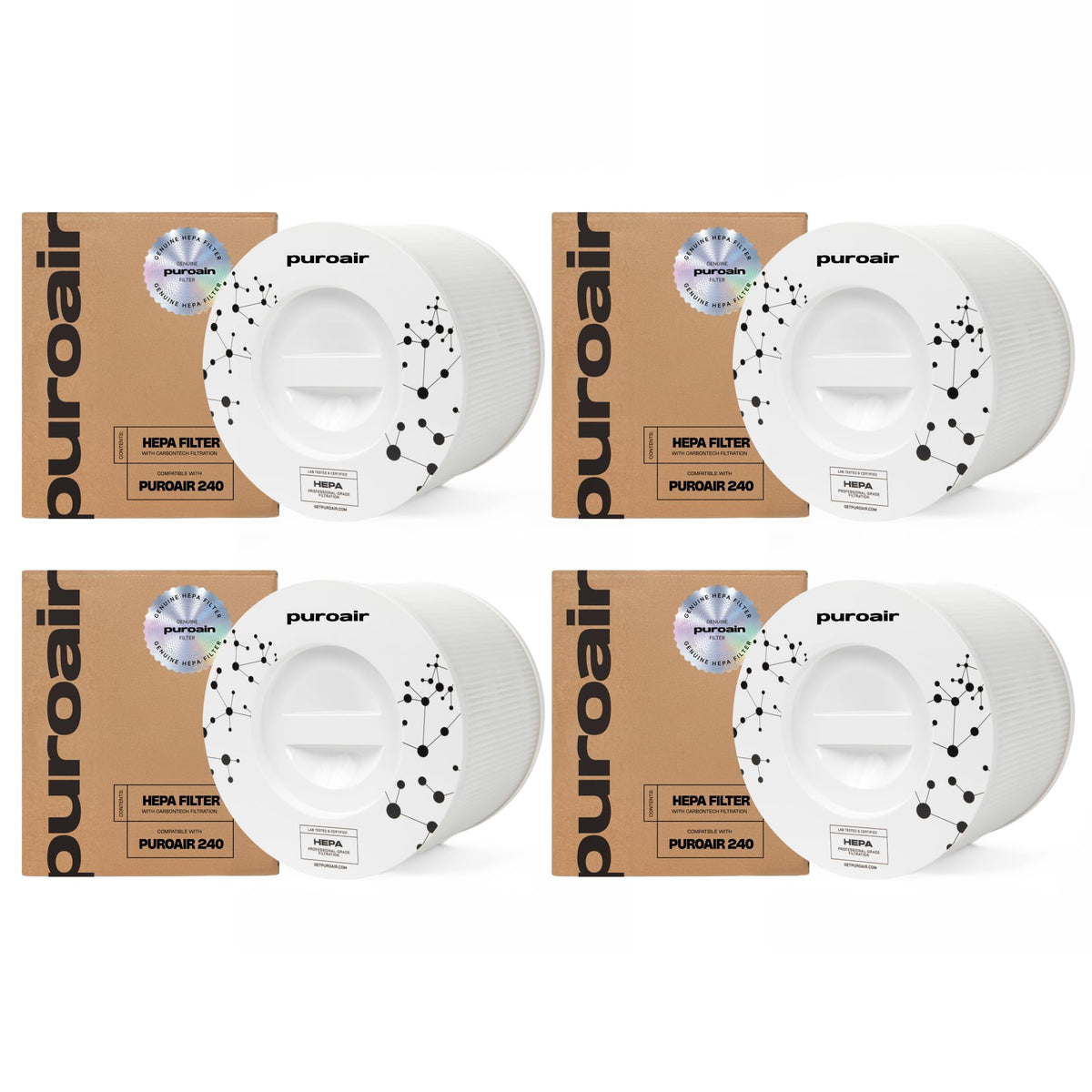 PuroAir 240 replacement filter four-pack with official seal for reliable purification.