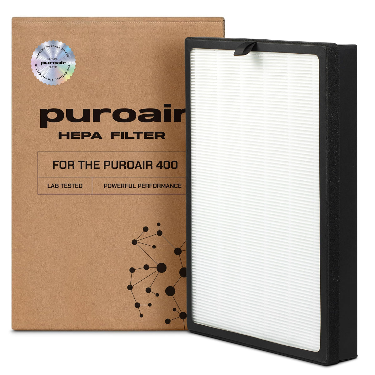 PuroAir 400 replacement filter ready for installation, enhances indoor air quality by reducing dust and pollen.