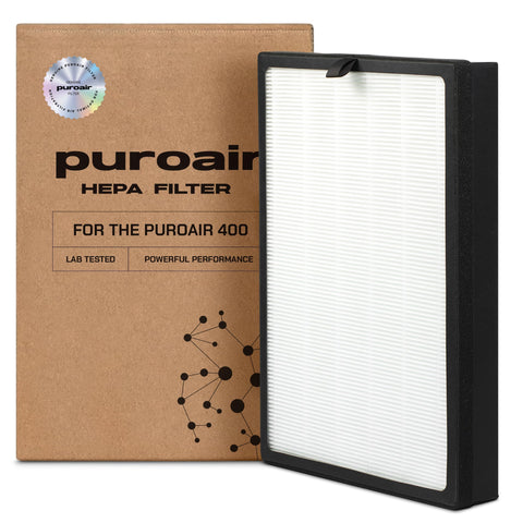 PuroAir 400 replacement filter ready for installation, enhances indoor air quality by reducing dust and pollen.