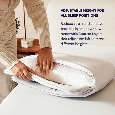 Purple DreamLayer Pillow booster layers enable precise height for stomach, back, or side sleepers.