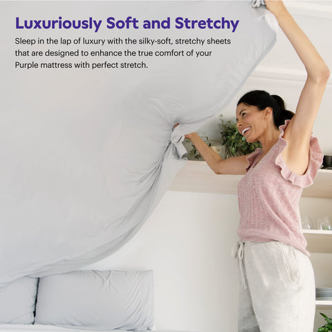 Purple SoftStretch fabric close-up shows silky texture and stretch for smooth sleep
