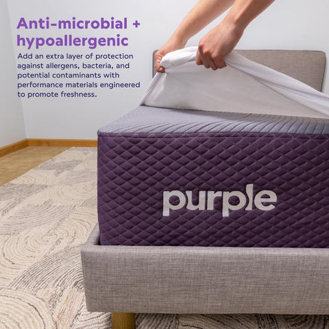 Purple mattress protector in bed with Purple mattress, ready for everyday protection.
