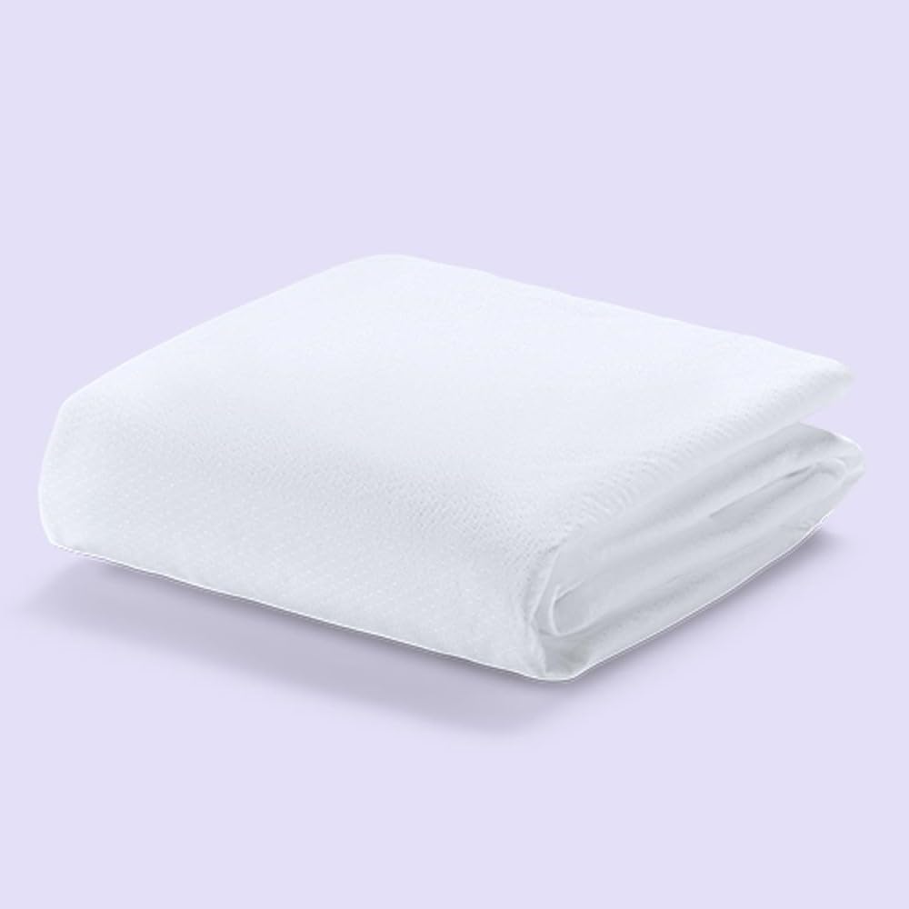 Purple mattress protector top view protecting king bed from spills.