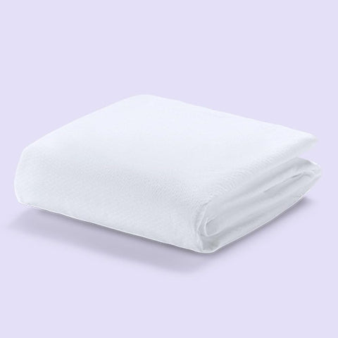 Purple mattress protector top view protecting king bed from spills.