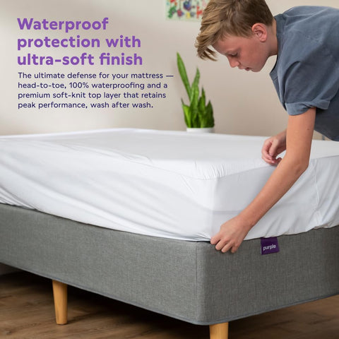 Purple protector demonstrates stretch panel adapting to movement for consistent support.