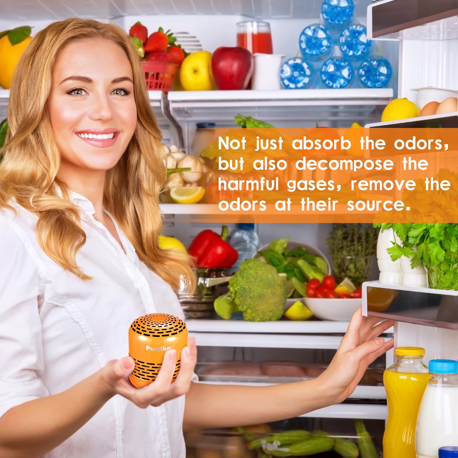 Purriko deodorizer inside fridge showing compact design for small spaces.