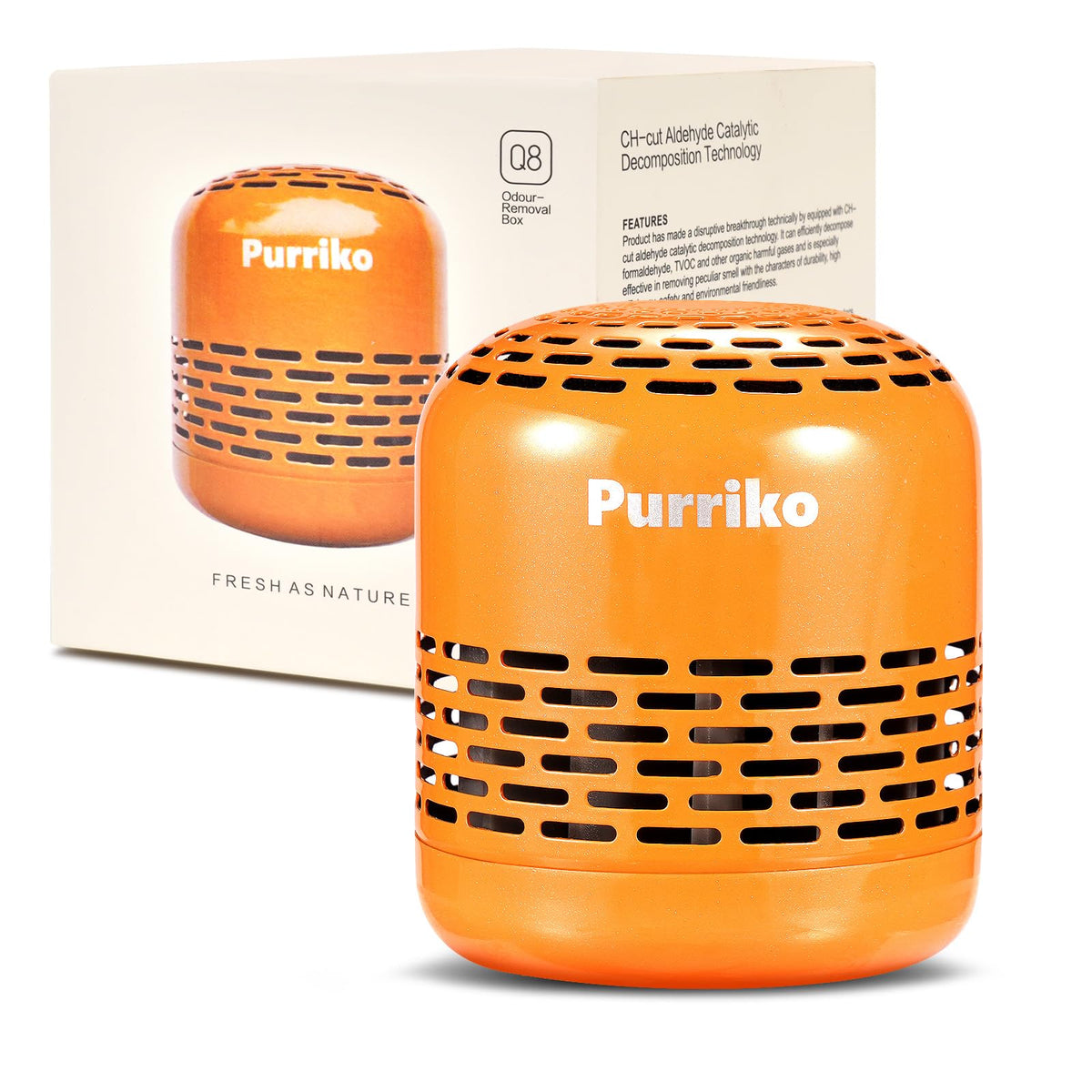 Purriko refrigerator deodorizer in stainless steel reduces fridge odors.