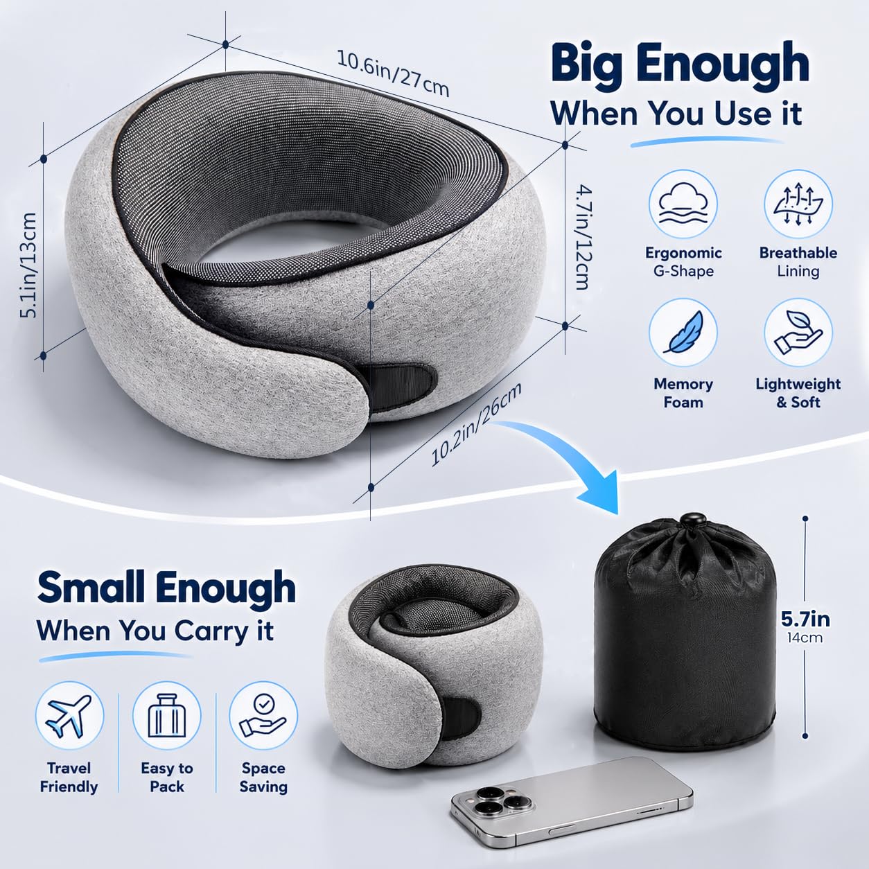 Purroch G-Shape neck pillow side view showing 360° support for comfortable travel