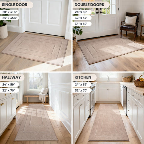 PURRUGS beige entry mat blends with warm entryway decor