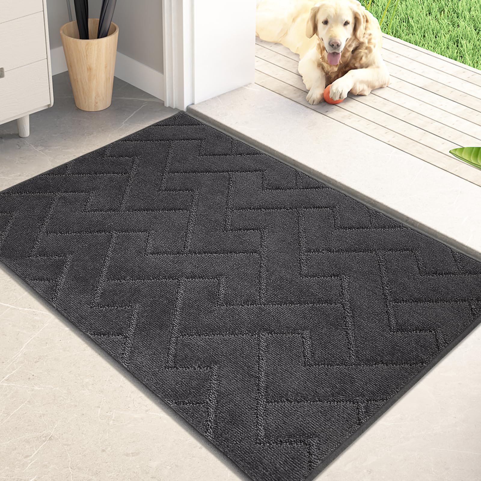 Purrugs dirt-trapping door mat at front door traps mud and moisture.