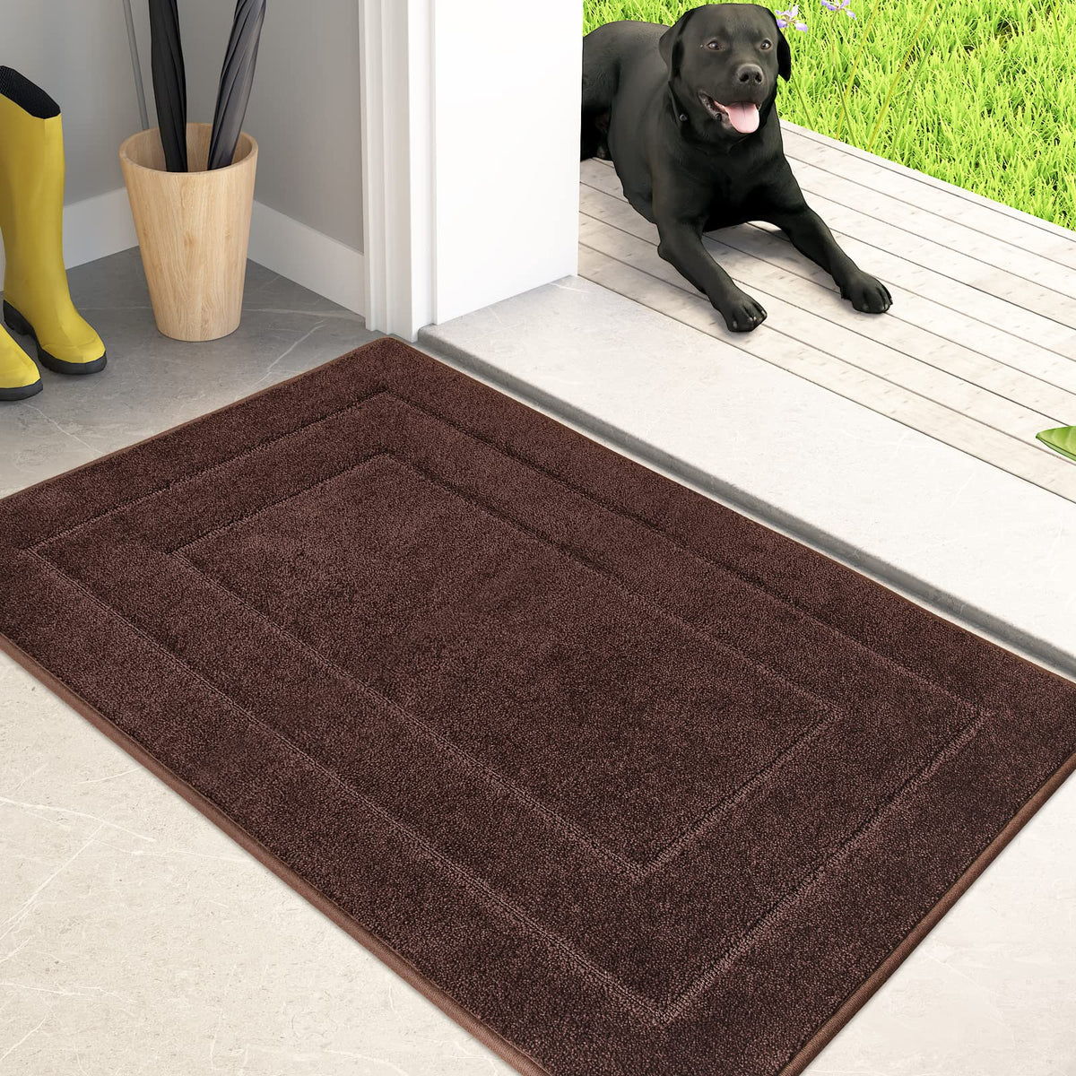 PURRUGS dirt-trapping door mat with low-profile edges for smooth door clearance.