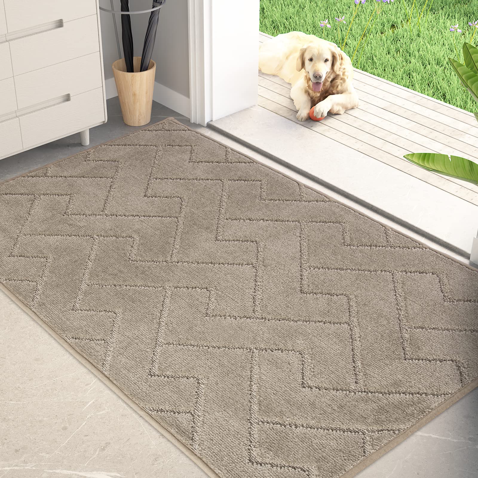 PURRUGS dirt-trapping door mat 34x59 in taupe catches mud at the doorway.