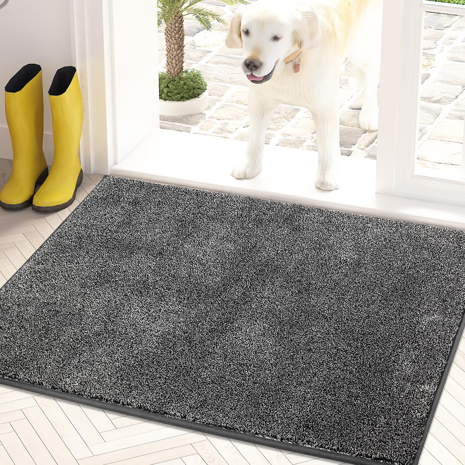 PURRUGS dirt trapping door mat at the front door captures moisture and dirt.