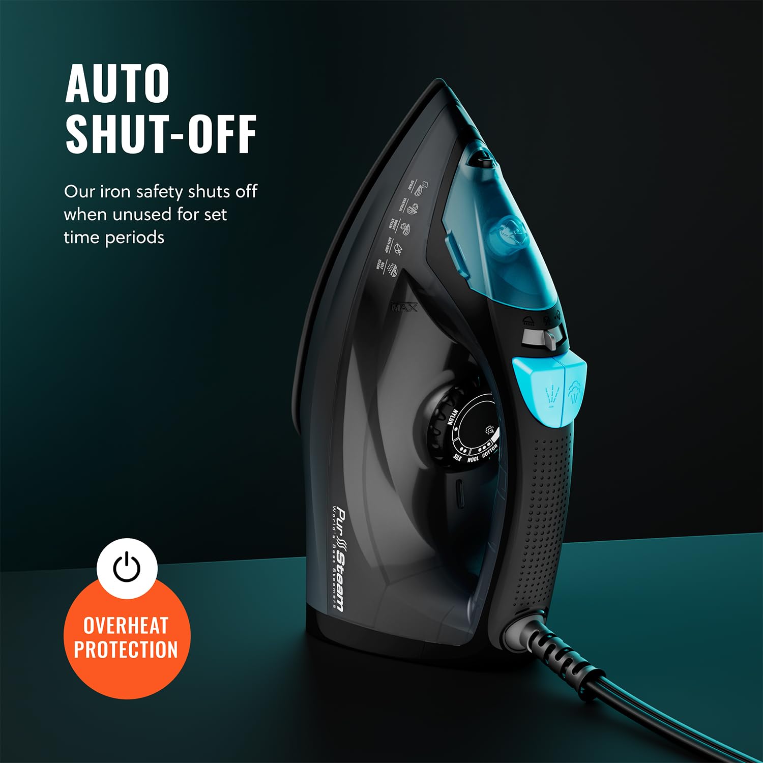 Anti-drip system on PurSteam iron prevents leaks and stains.