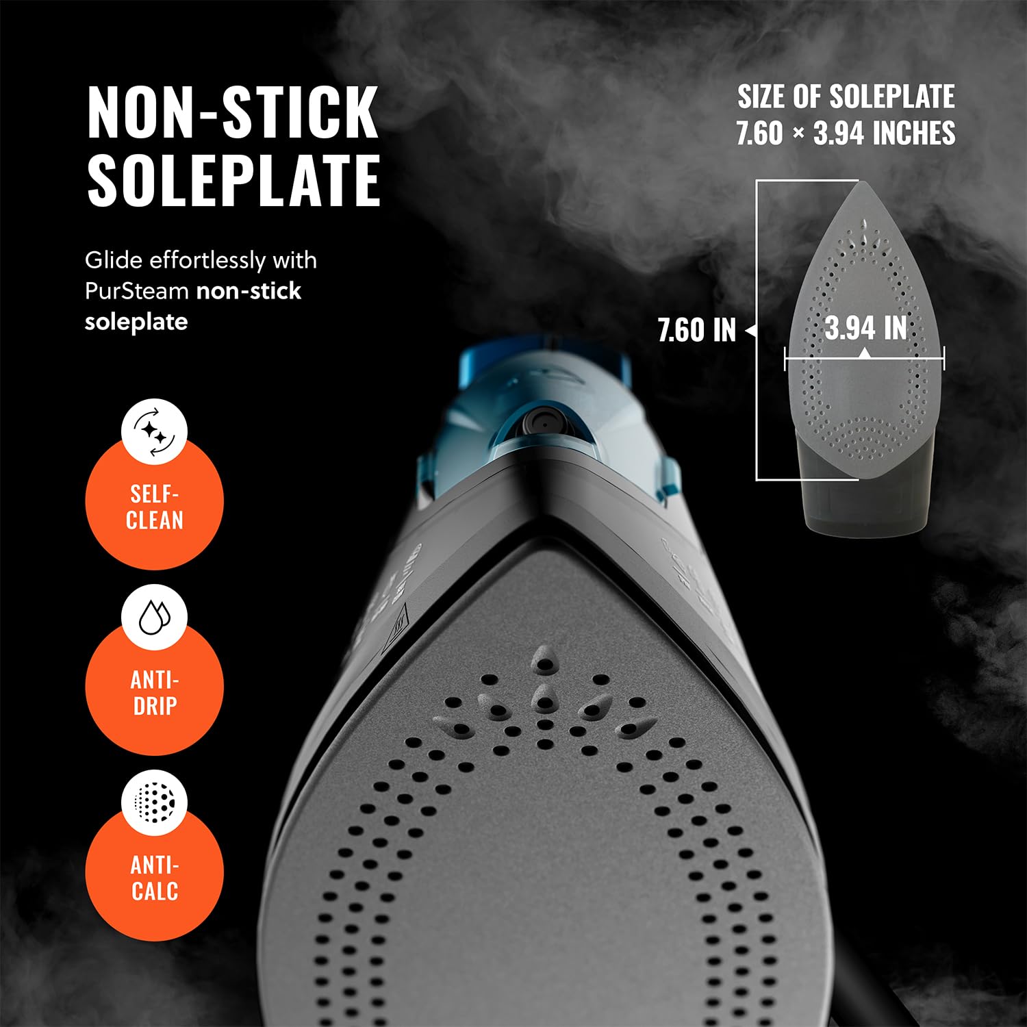 Burst steam feature highlighted on PurSteam iron for tackling stubborn wrinkles.