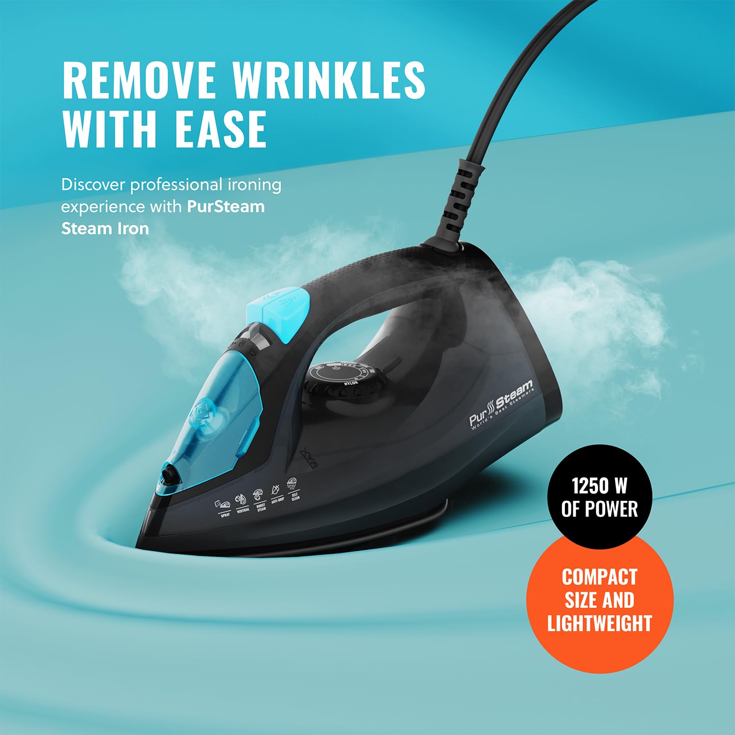 PurSteam Professional 1250W iron close-up on non-stick soleplate for smooth fabric glide.
