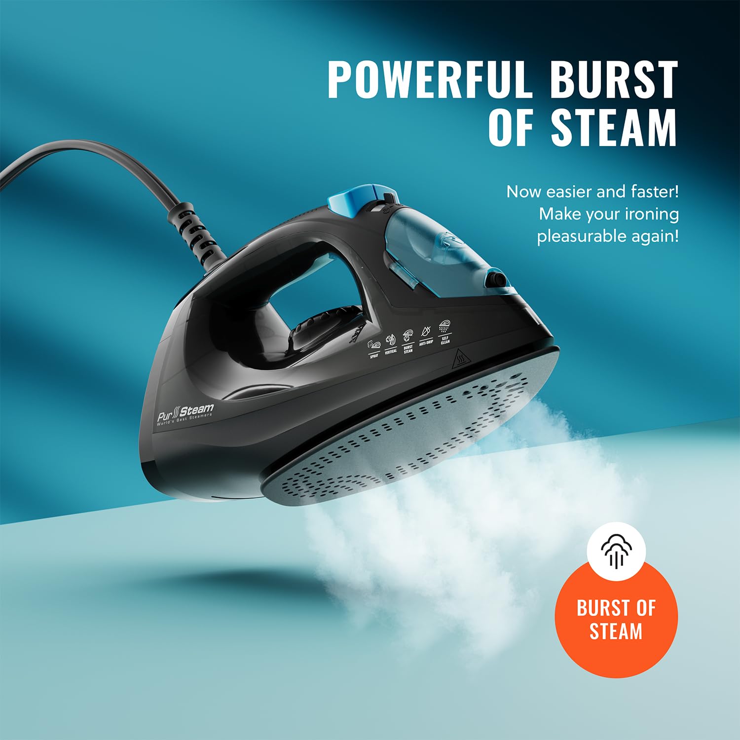 PurSteam Professional 1250W iron temperature control dial enables precise fabric care.
