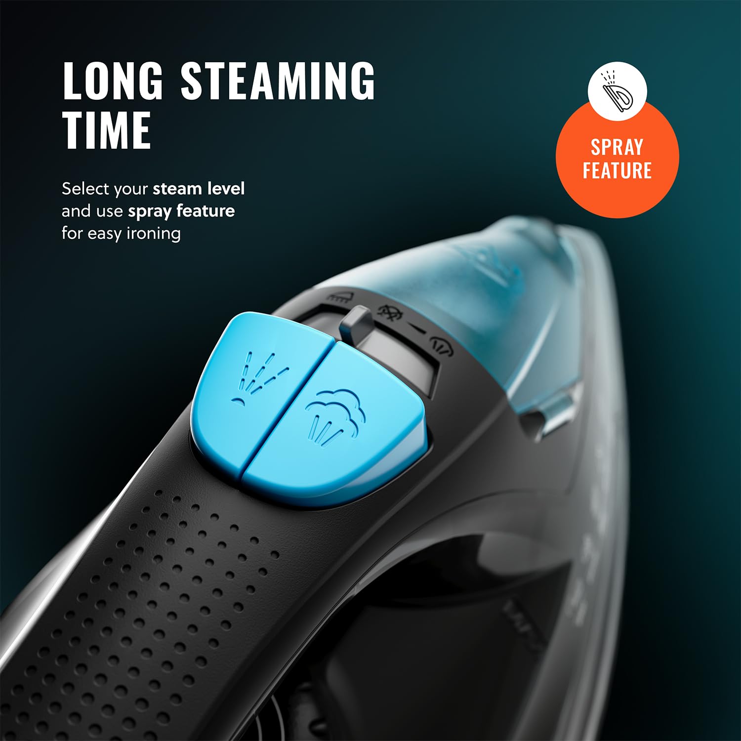 Water tank visible on PurSteam iron supports longer ironing between fills.