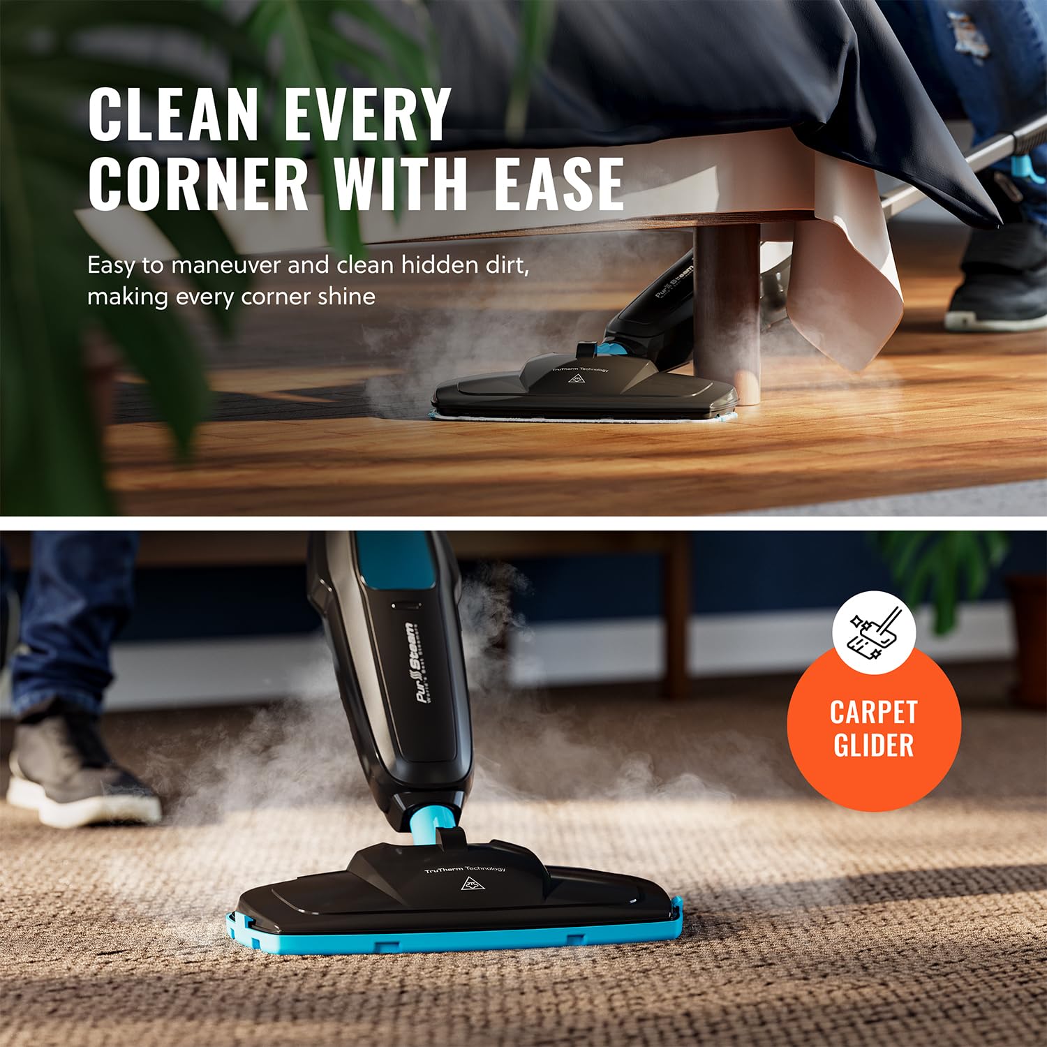 PurSteam carpet glider in use on carpeted area