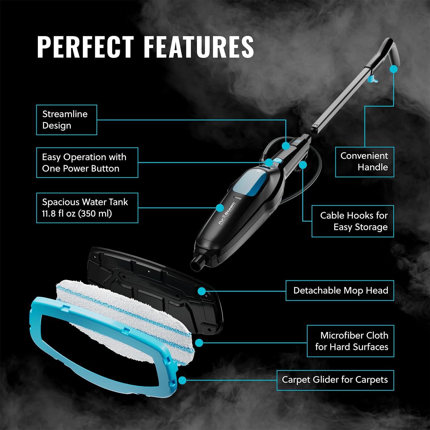 PurSteam steam mop with built-in cable hooks for tidy storage