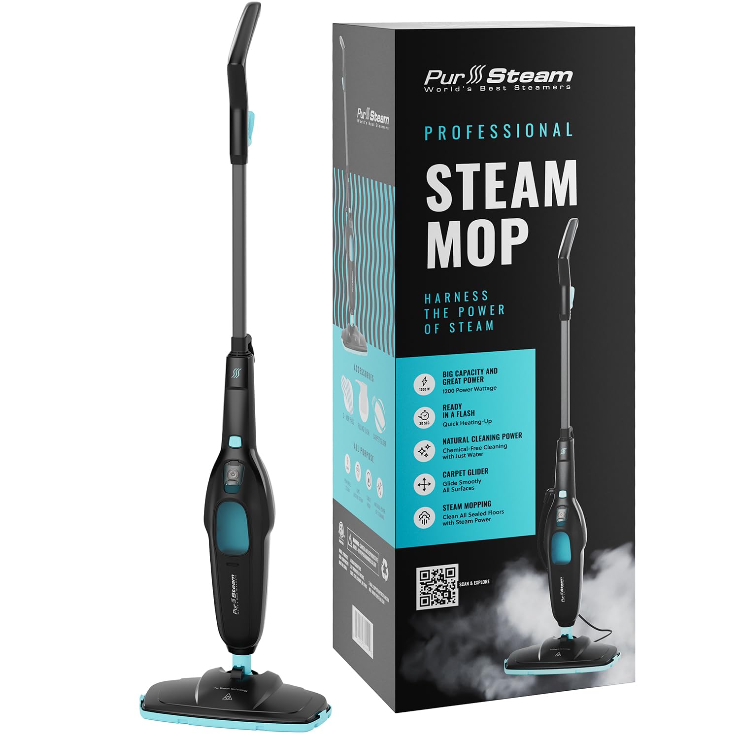 PurSteam Professional Steam Mop on hardwood floor demonstrating chemical-free cleaning