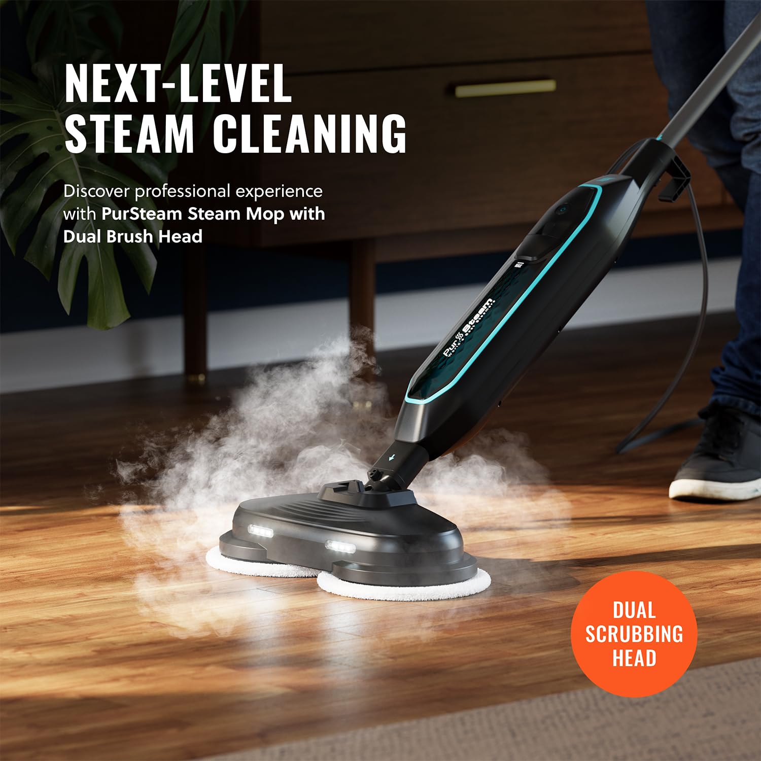 Pursteam ScrubMaster LED headlights illuminate dark corners for thorough cleaning.
