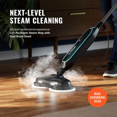 Pursteam ScrubMaster LED headlights illuminate dark corners for thorough cleaning.