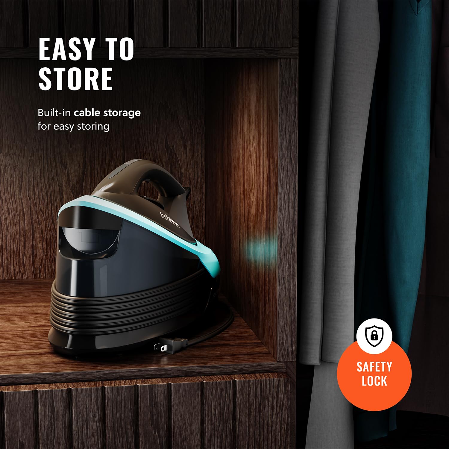 Pursteam Steam Station Max built-in cable storage for tidy storage.
