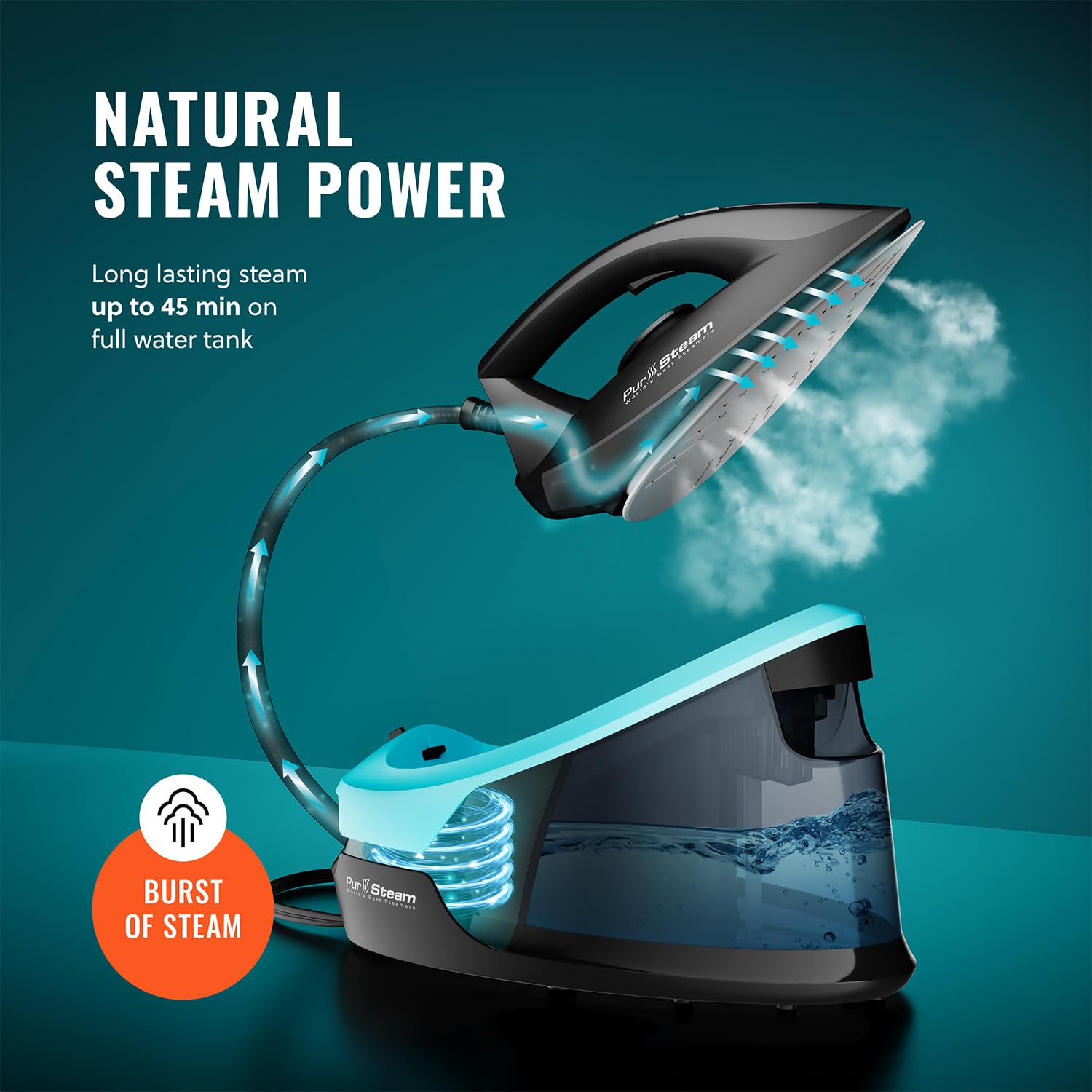 Pursteam Steam Station Max removable water tank enables extended ironing sessions.