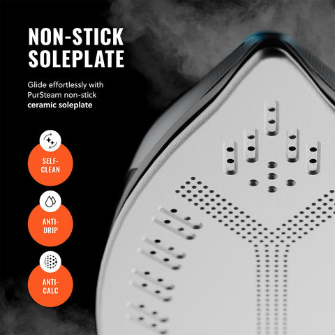 Pursteam SteamBurst+ ceramic soleplate gliding across textiles