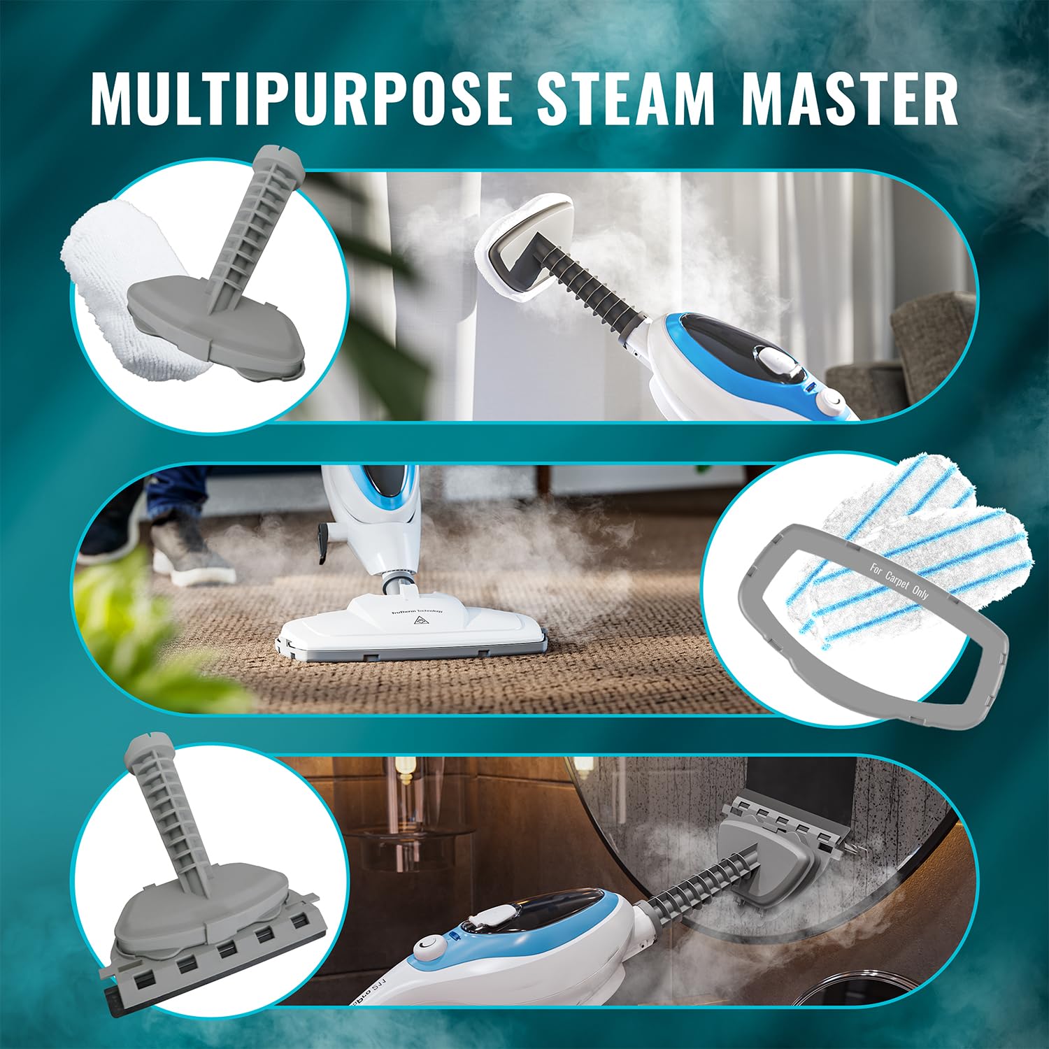 PurSteam swivel mop head reaches under furniture for easy cleaning.