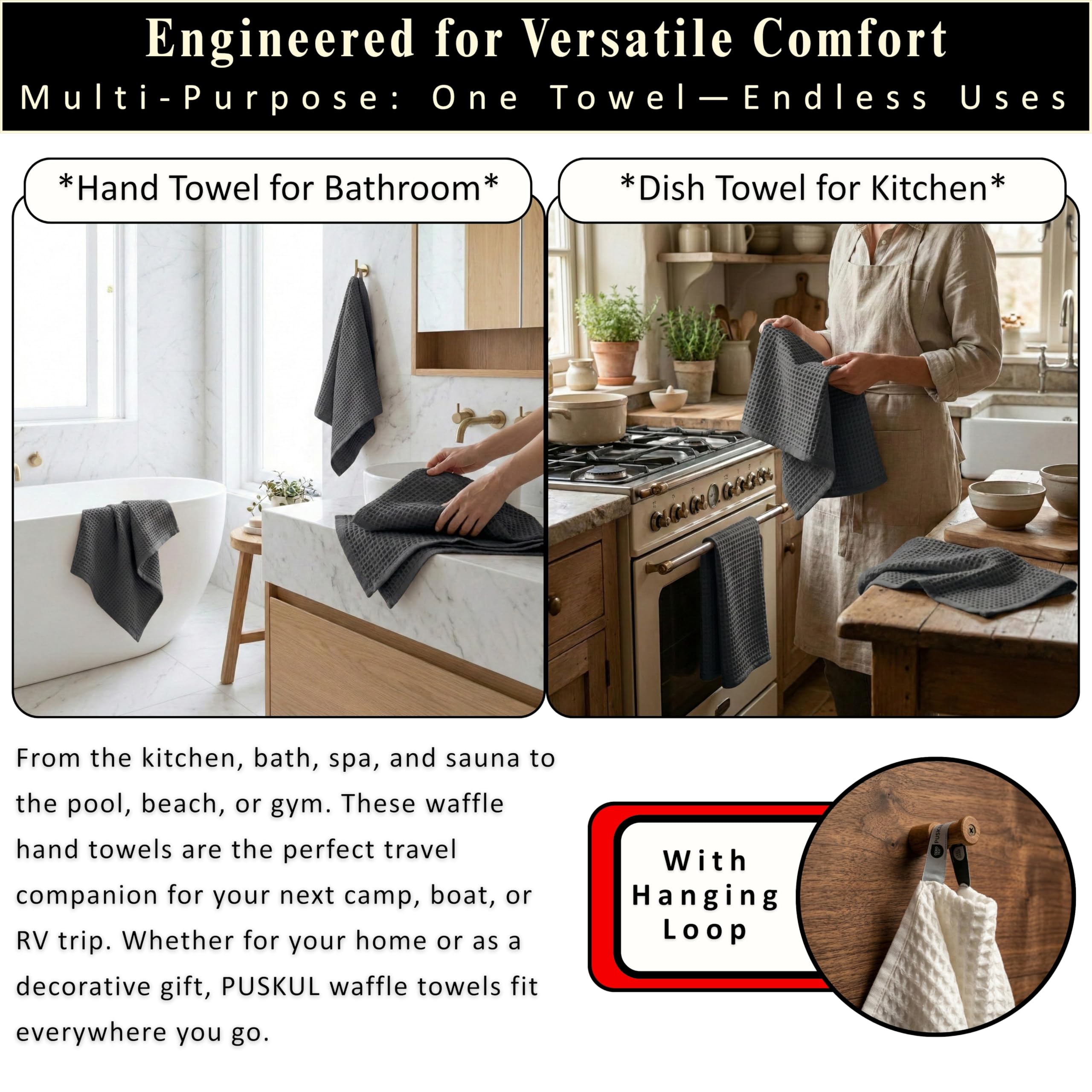 Puskul lightweight waffle towels drying surfaces quickly without lint or fibers.
