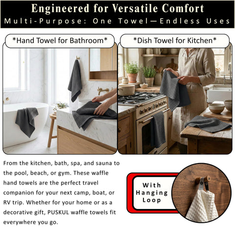 Puskul lightweight waffle towels drying surfaces quickly without lint or fibers.