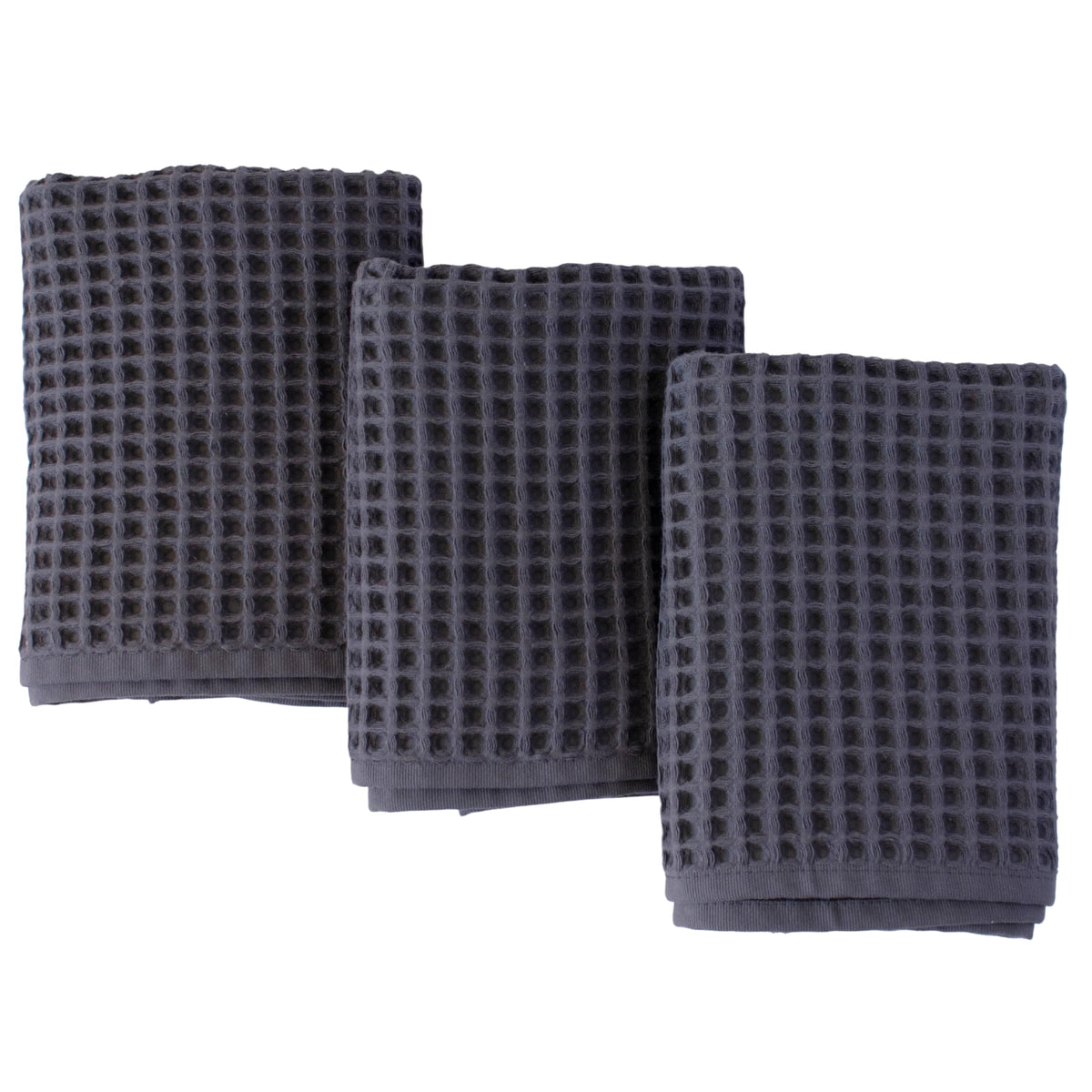 Puskul 3-piece waffle towels set in dark gray, large 32x16 inches for kitchen and bath.