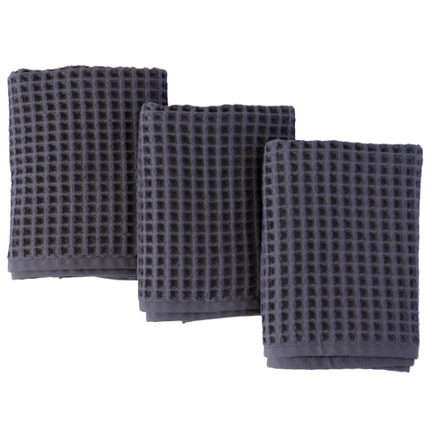 Puskul 3-piece waffle towels set in dark gray, large 32x16 inches for kitchen and bath.