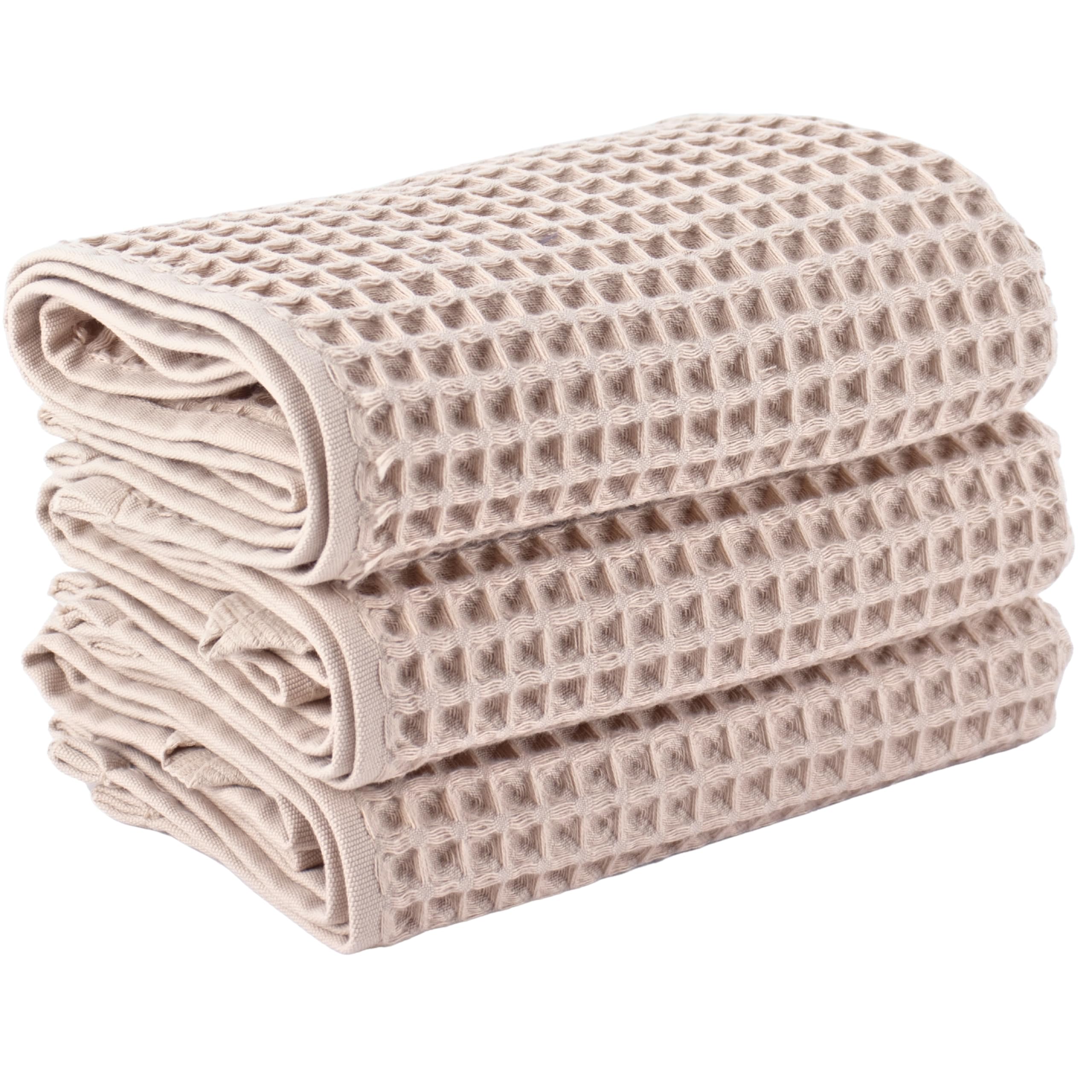 PÜSKÜL beige waffle towels set of three for bath and kitchen.