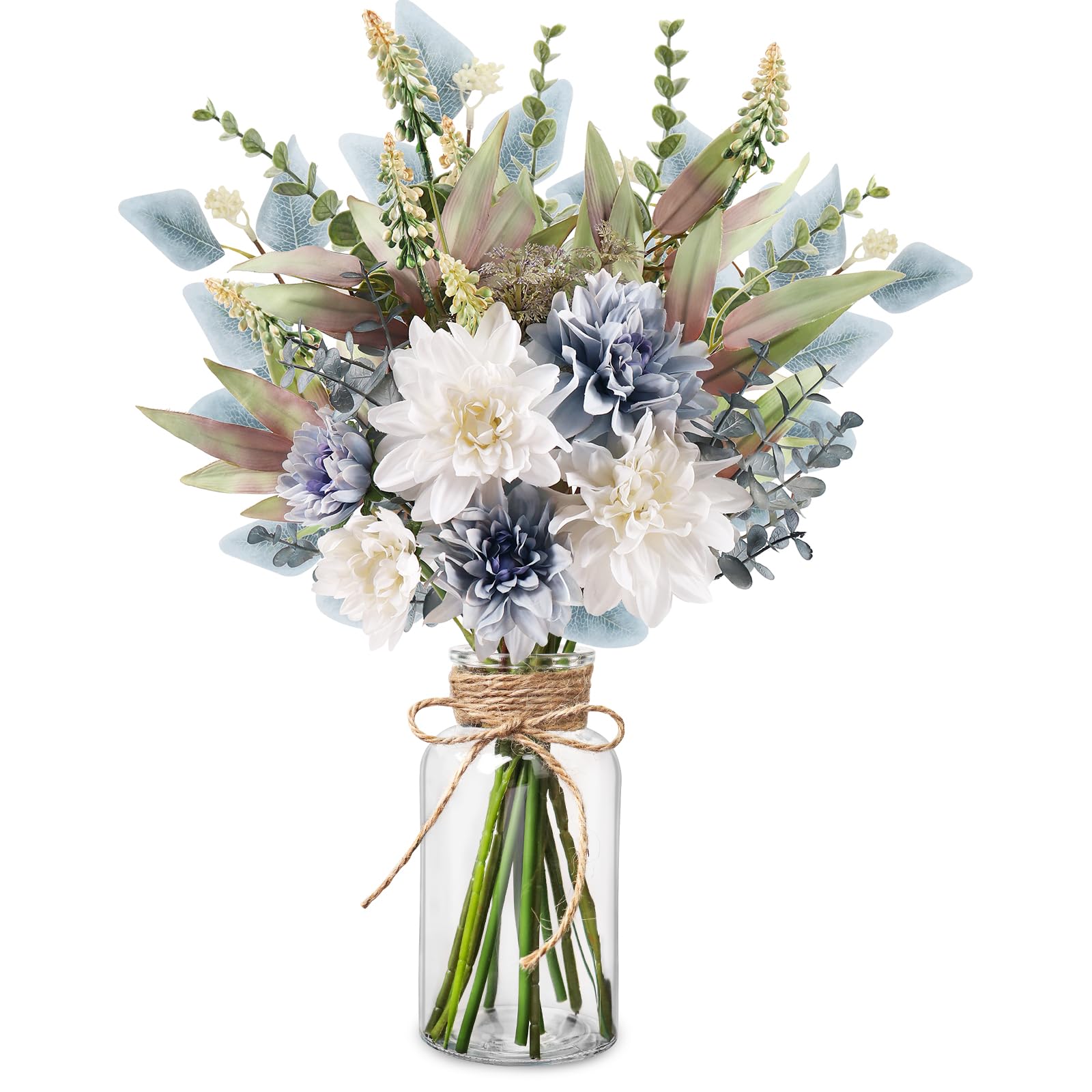 Pusuny fake flowers in vase with blue and white dahlias for elegant centerpieces.