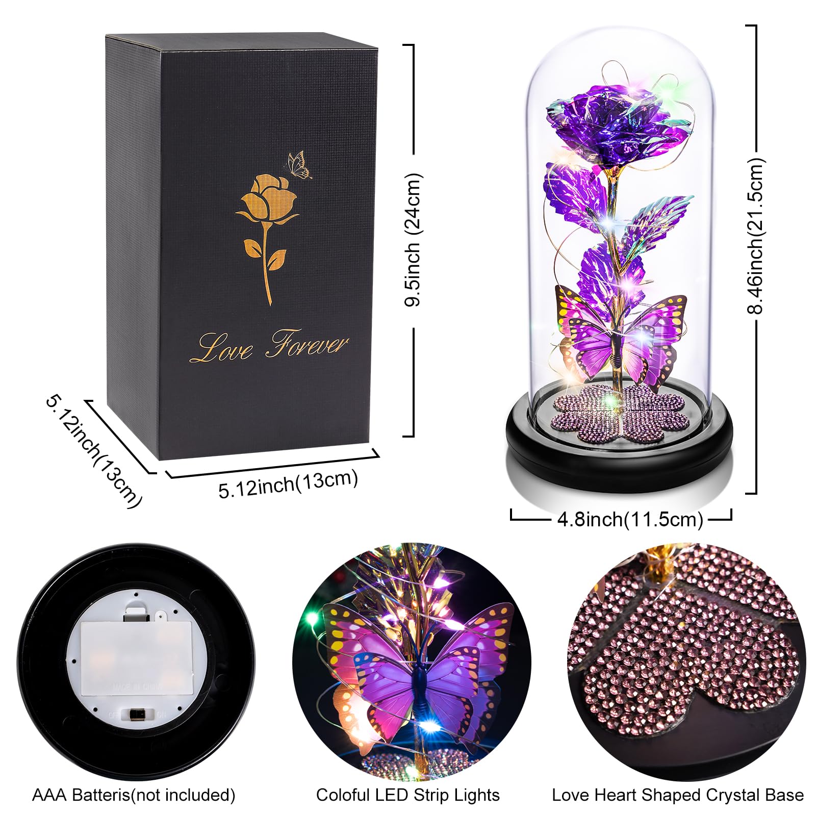 Pusuny Purple Rose in glass dome with heart crystals enhances romantic decor.