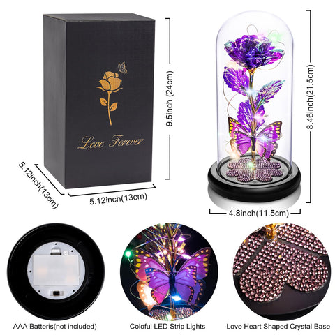 Pusuny Purple Rose in glass dome with heart crystals enhances romantic decor.