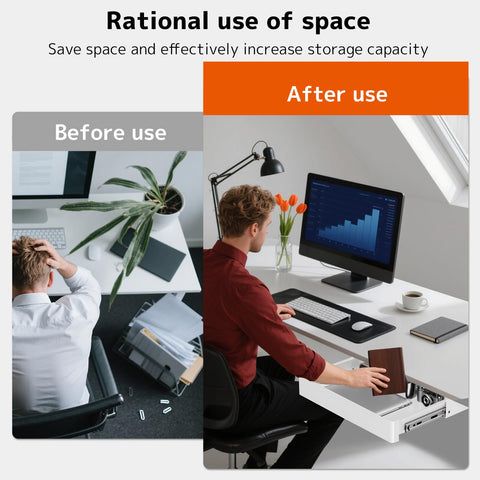 PUTORSEN drawer opened under desk showing accessible storage