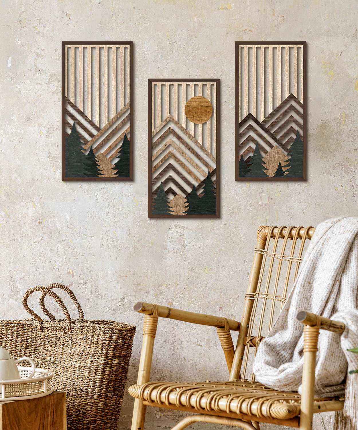 Putuo Decor wooden wall art adds textured interest to bedrooms.