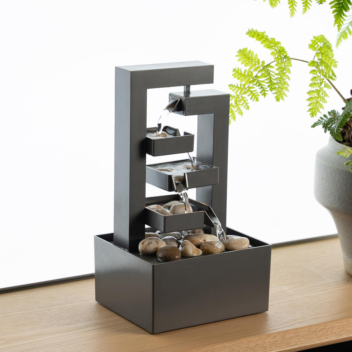 PUULYE desktop waterfall fountain small on a desk for calm focus.