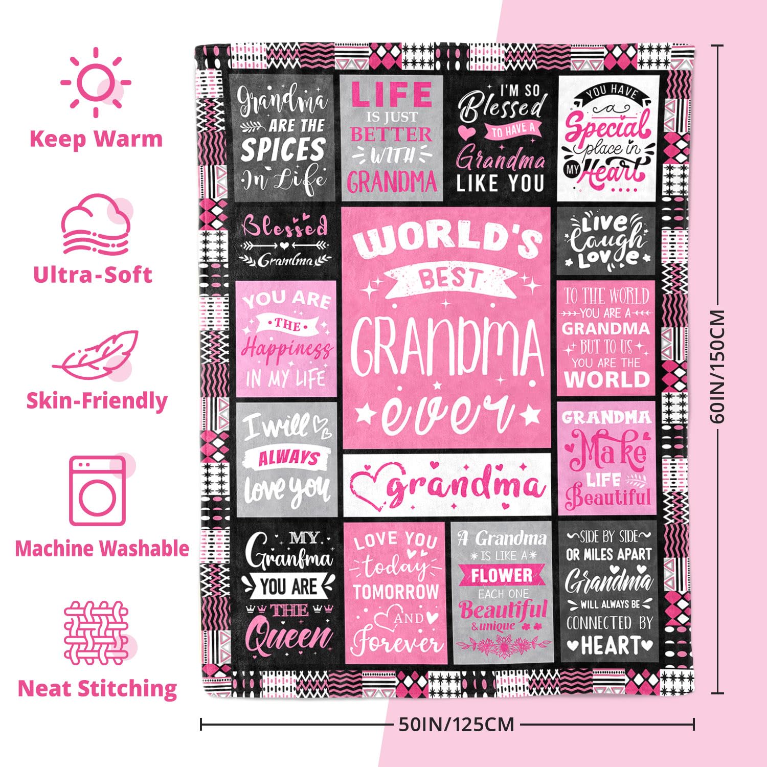 PVDSAVE Grandmother Life Blanket measures 50x60 inches for versatile use.