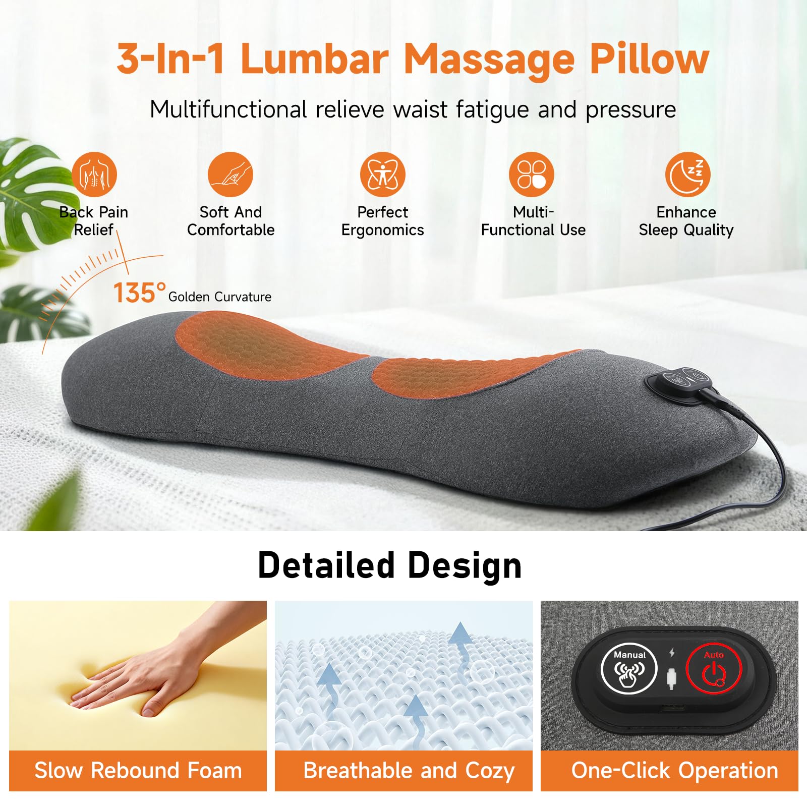 Pvlols lumbar pillow demonstrating heat mode for warming relief