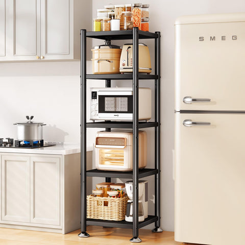 PXRACK 5-tier kitchen shelves organize small spaces for easy access.