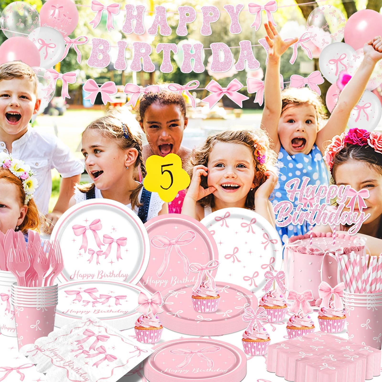 Pymurod pink bow cake toppers and balloons create a focal party accent.
